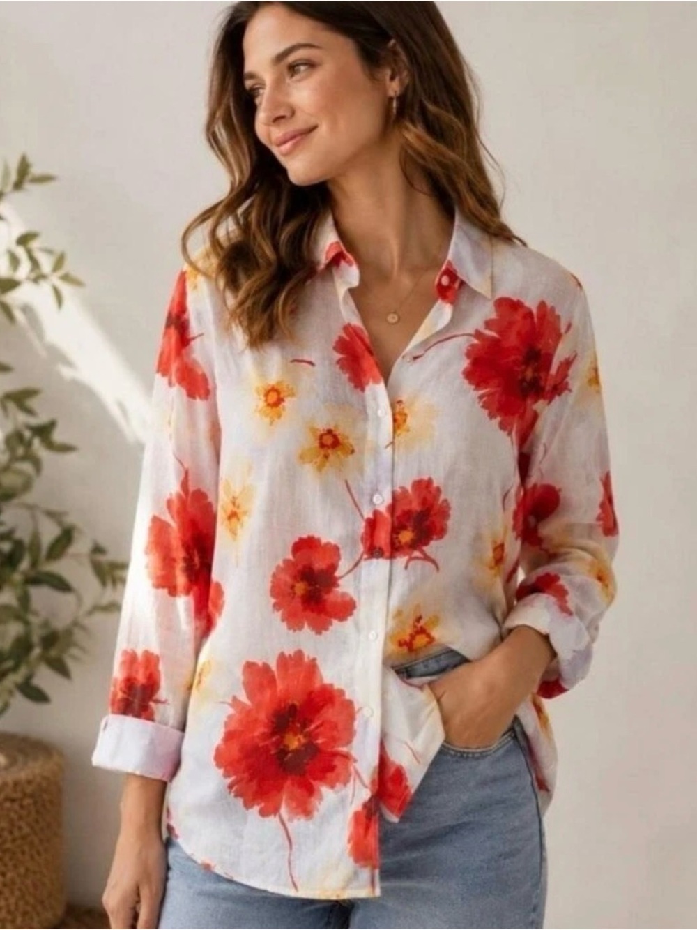 Joie Floral Button Front Shirt Red & Yellow Bloom 100% Linen Women's Small